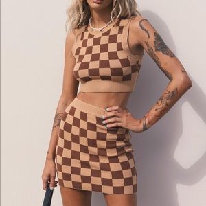 Brown and tan checkered crop top and skirt set from princess polly.